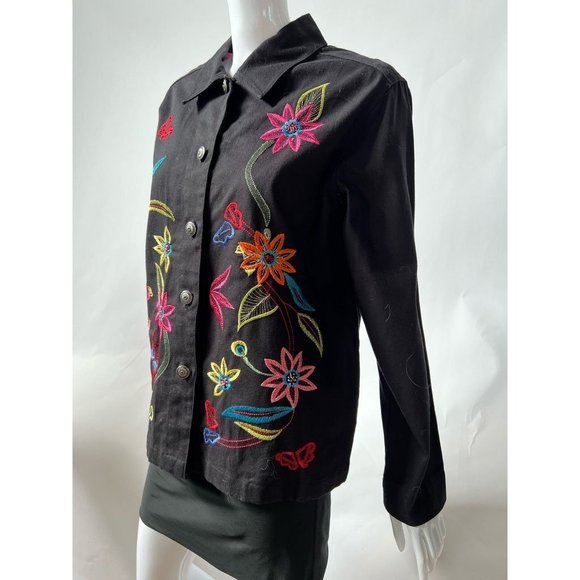 White Stag Womens Denim Jacket Coat Black Floral Button Up Embroidered S New - Picture 7 of 12